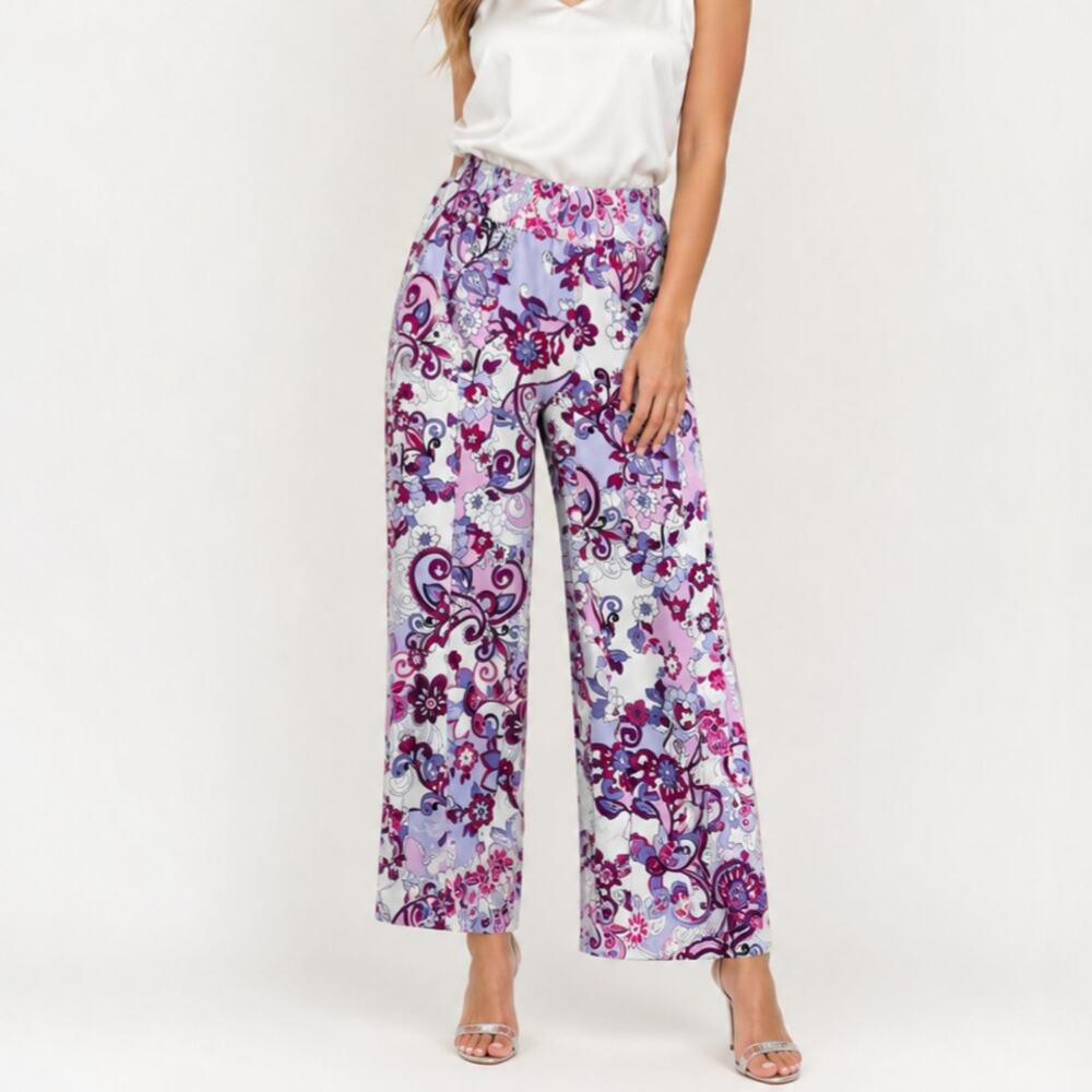 Susan Graver Liquid Knit Cropped Wide-Leg Pants Women's Size XLP Purple Floral
